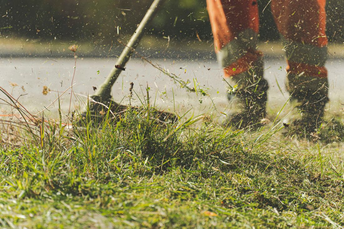 A person cuts grass with a grass trimmer.