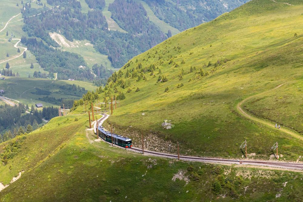 Un train circule sur une voie en courbe dans un paysage montagneux.
