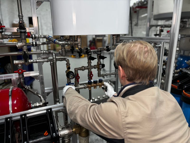 Ein Techniker arbeitet an Rohrleitungen und Ventilen einer technischen Anlage.
