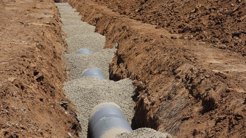 Drainage pipe laid in gravel inside an excavated trench.